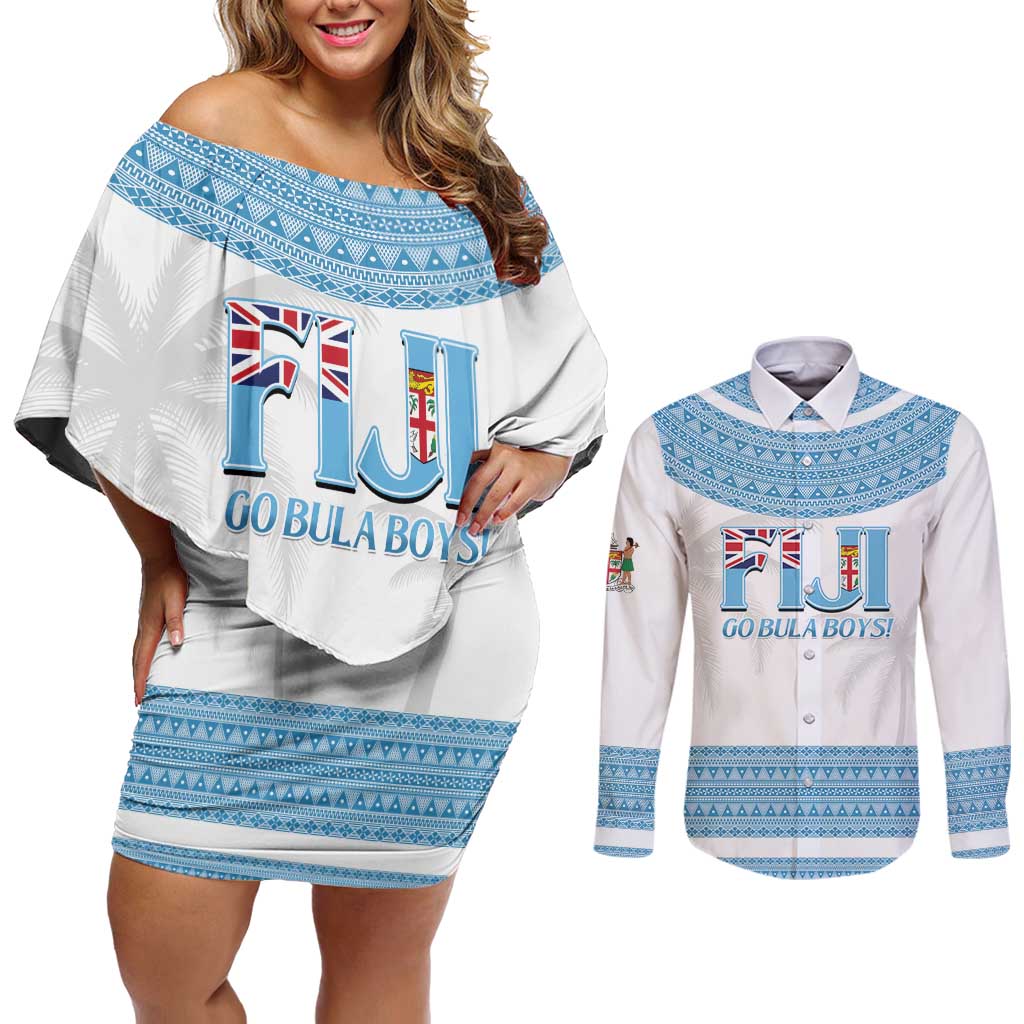 Custom Fiji Tapa Football Couples Matching Off Shoulder Short Dress and Long Sleeve Button Shirt Go Bula Boy! LT14 White - Polynesian Pride