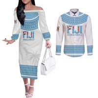Custom Fiji Tapa Football Couples Matching Off The Shoulder Long Sleeve Dress and Long Sleeve Button Shirt Go Bula Boy! LT14 White - Polynesian Pride