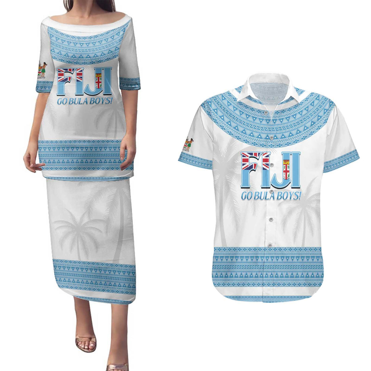 Custom Fiji Tapa Football Couples Matching Puletasi and Hawaiian Shirt Go Bula Boy! LT14 White - Polynesian Pride