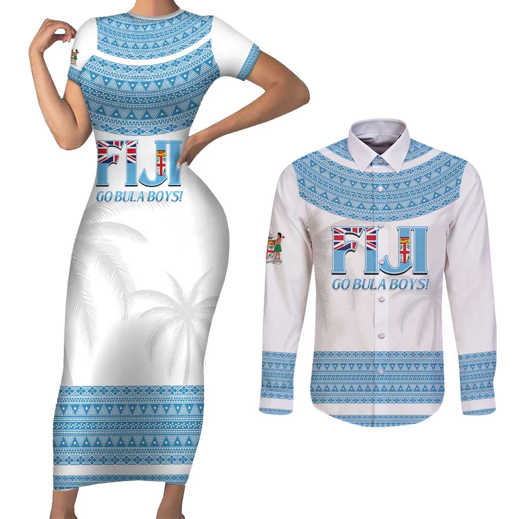 Custom Fiji Tapa Football Couples Matching Short Sleeve Bodycon Dress and Long Sleeve Button Shirt Go Bula Boy! LT14 White - Polynesian Pride