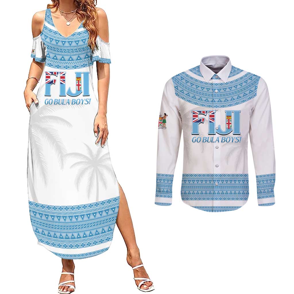 Custom Fiji Tapa Football Couples Matching Summer Maxi Dress and Long Sleeve Button Shirt Go Bula Boy! LT14 White - Polynesian Pride