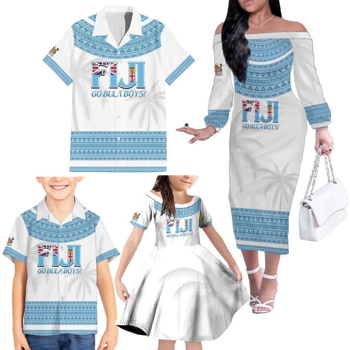 Custom Fiji Tapa Football Family Matching Off The Shoulder Long Sleeve Dress and Hawaiian Shirt Go Bula Boy! LT14 - Polynesian Pride