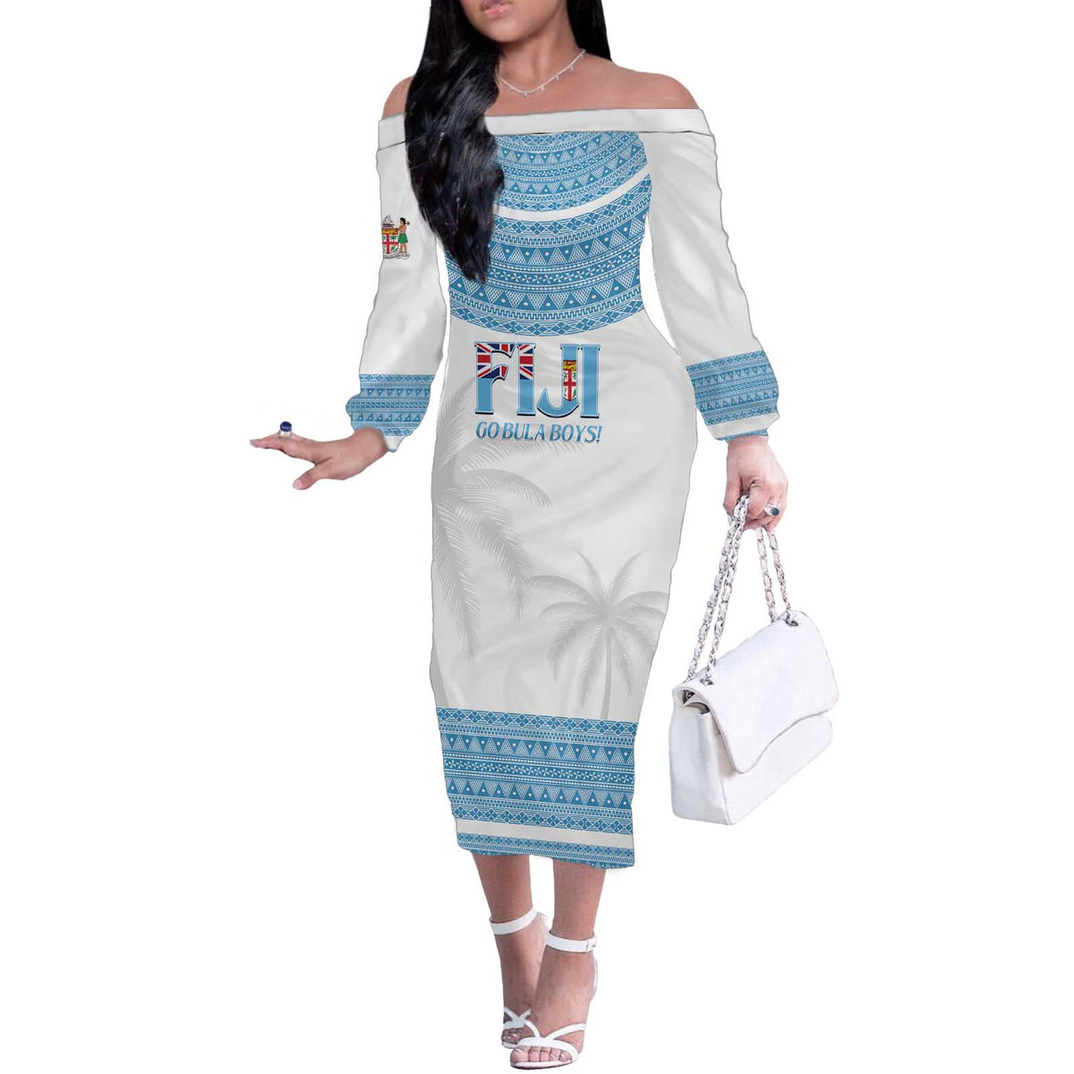 Custom Fiji Tapa Football Off The Shoulder Long Sleeve Dress Go Bula Boy! LT14 Women White - Polynesian Pride