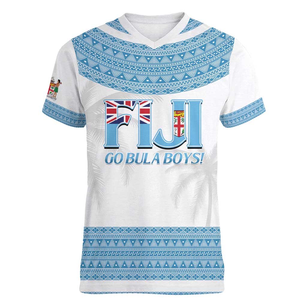 Custom Fiji Tapa Football Women V-Neck T-Shirt Go Bula Boy! LT14 Female White - Polynesian Pride