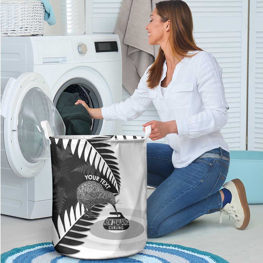 New Zealand Silver Fern Curling Personalised Laundry Basket Aotearoa Kiwi Ponga Black White Version LT14 - Polynesian Pride