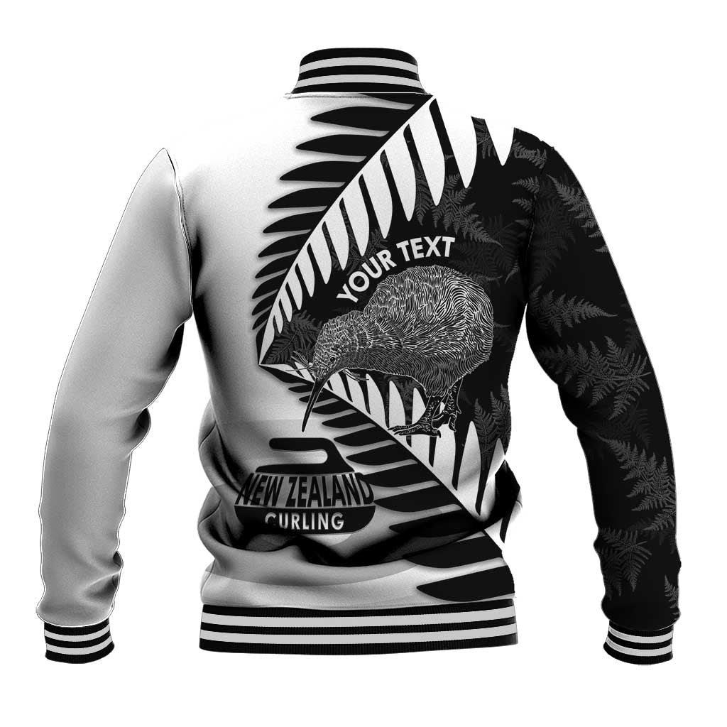 New Zealand Silver Fern Curling Personalised Baseball Jacket Aotearoa Kiwi Ponga Black White Version - Polynesian Pride