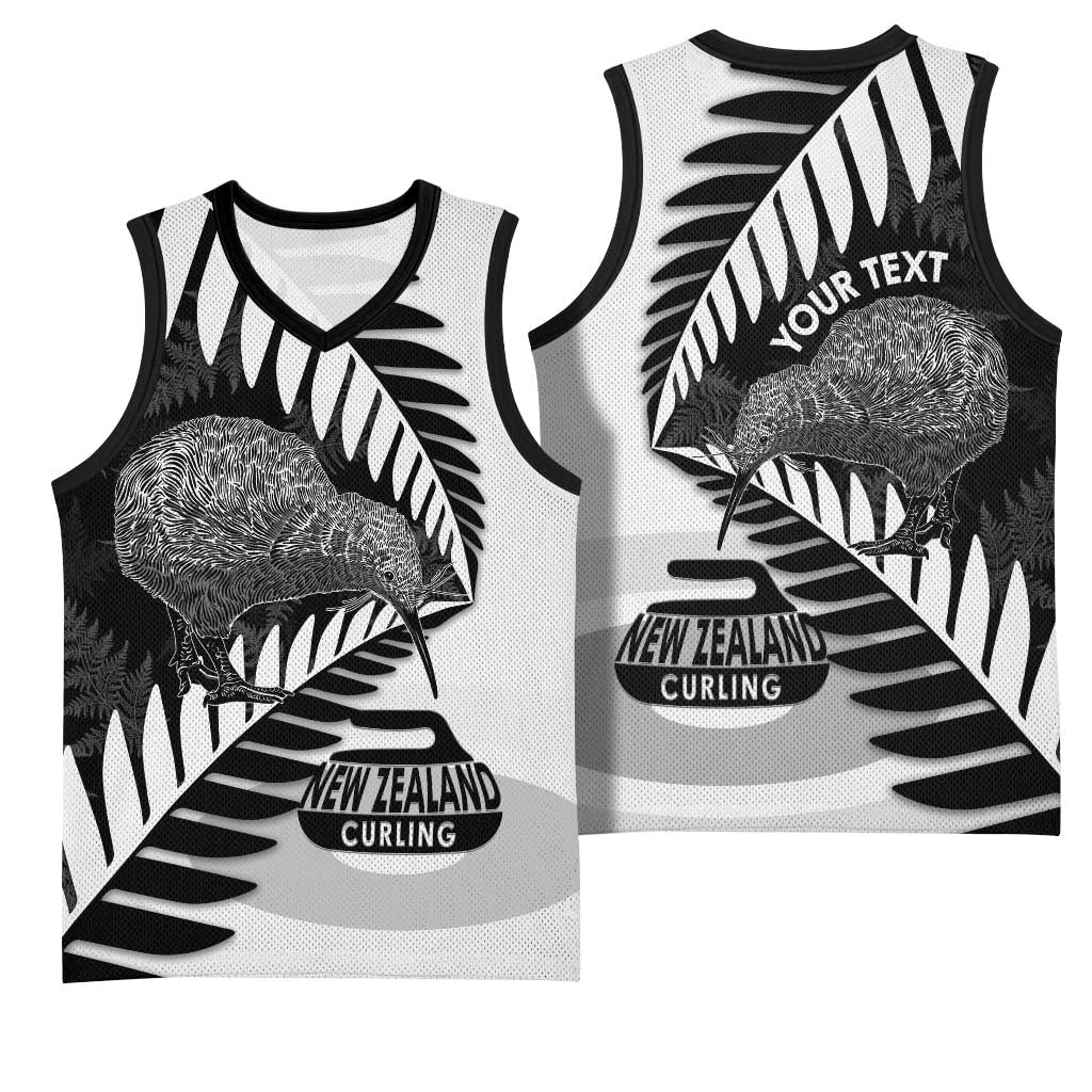 New Zealand Silver Fern Curling Personalised Basketball Jersey Aotearoa Kiwi Ponga Black White Version LT14 - Polynesian Pride