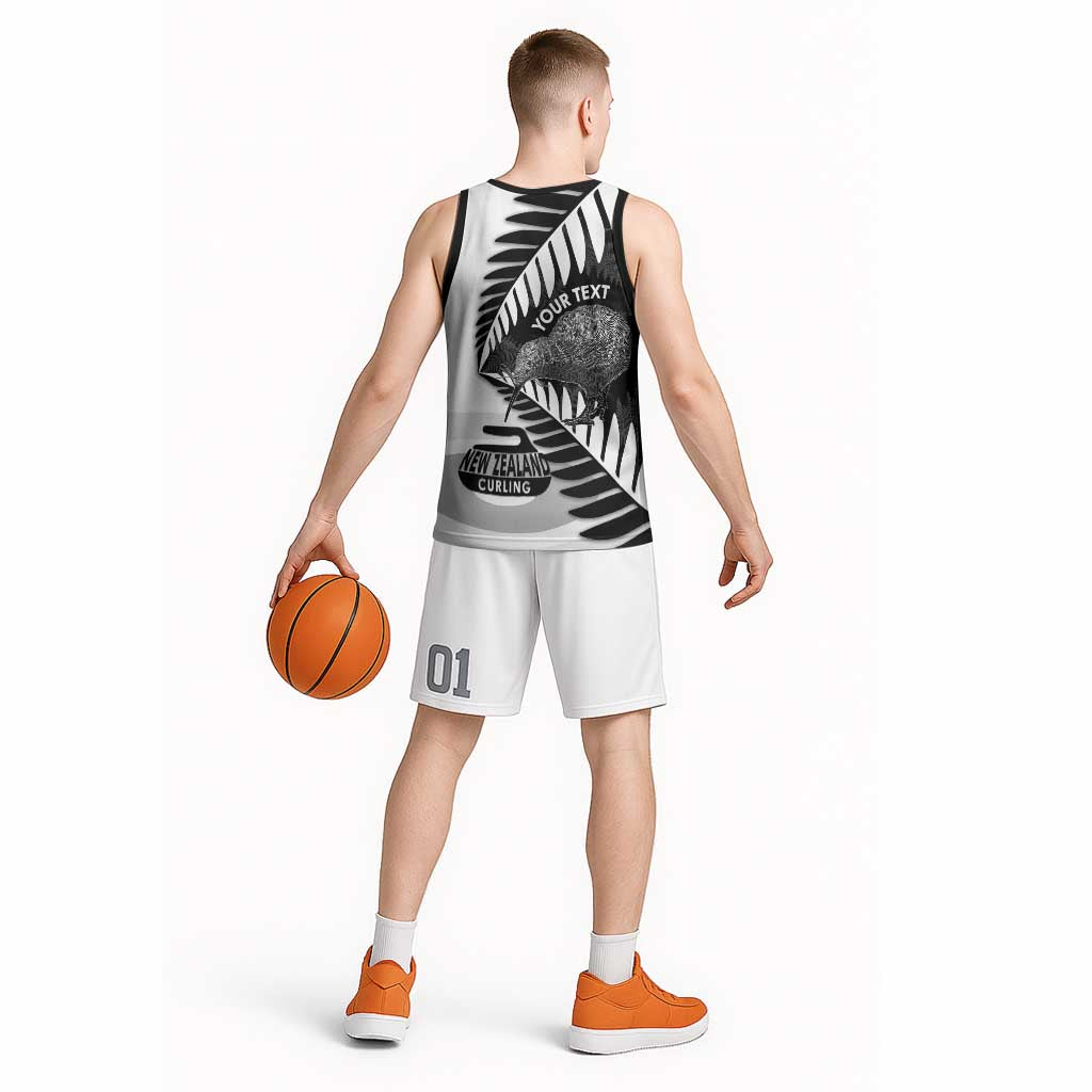 New Zealand Silver Fern Curling Personalised Basketball Jersey Aotearoa Kiwi Ponga Black White Version LT14 - Polynesian Pride
