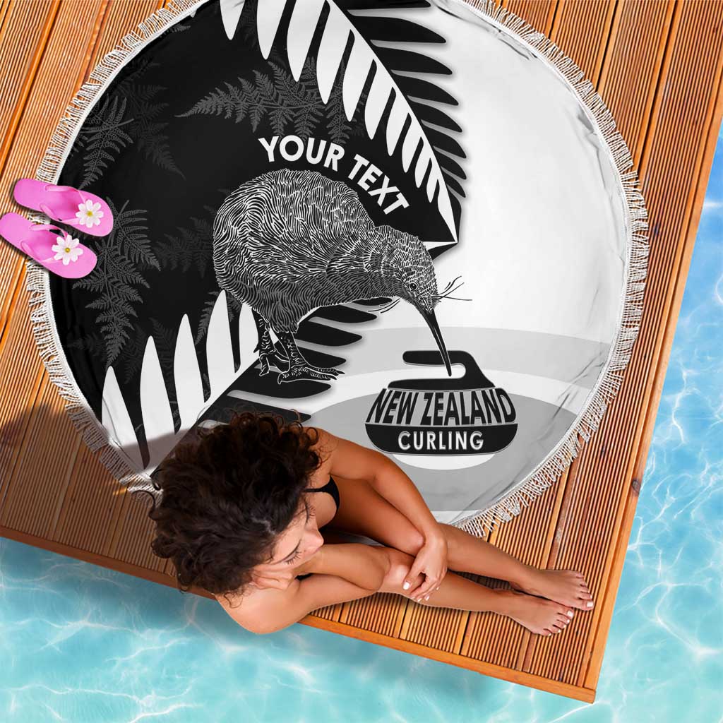 New Zealand Silver Fern Curling Personalised Beach Blanket Aotearoa Kiwi Ponga Black White Version - Polynesian Pride