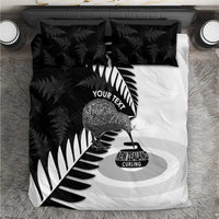 New Zealand Silver Fern Curling Personalised Bedding Set Aotearoa Kiwi Ponga Black White Version - Polynesian Pride