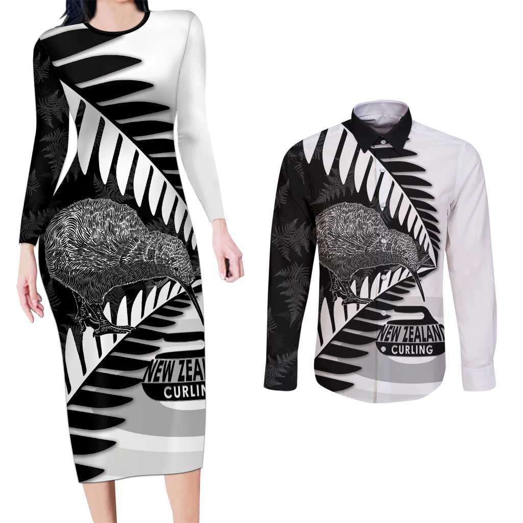 New Zealand Silver Fern Curling Personalised Couples Matching Long Sleeve Bodycon Dress and Long Sleeve Button Shirt Aotearoa Kiwi Ponga Black White Version LT14 Black - Polynesian Pride