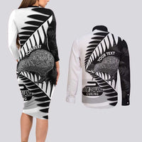 New Zealand Silver Fern Curling Personalised Couples Matching Long Sleeve Bodycon Dress and Long Sleeve Button Shirt Aotearoa Kiwi Ponga Black White Version LT14 - Polynesian Pride