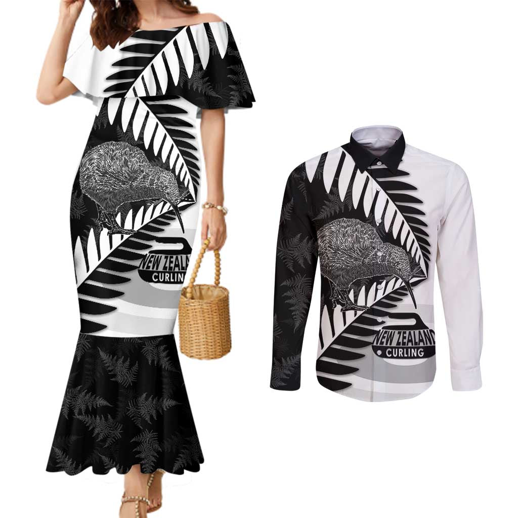 New Zealand Silver Fern Curling Personalised Couples Matching Mermaid Dress and Long Sleeve Button Shirt Aotearoa Kiwi Ponga Black White Version LT14 Black - Polynesian Pride