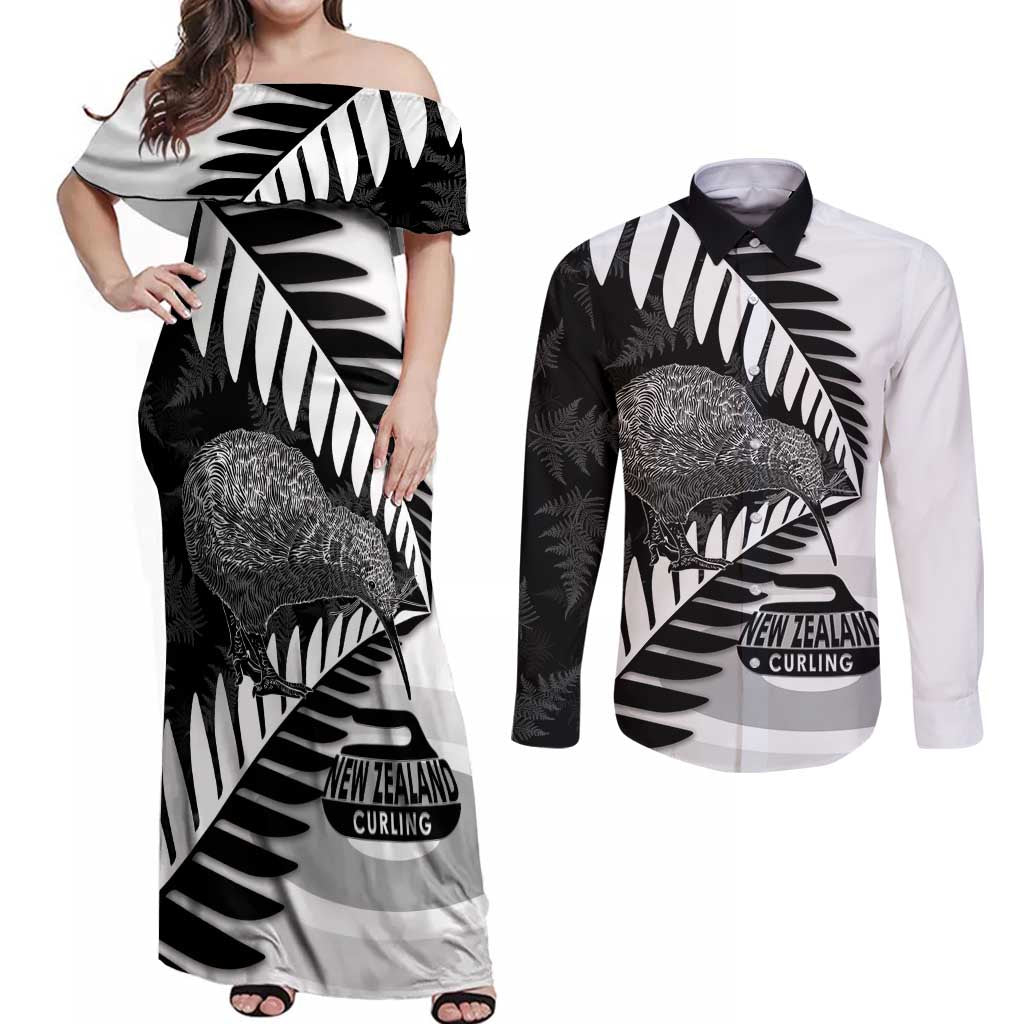 New Zealand Silver Fern Curling Personalised Couples Matching Off Shoulder Maxi Dress and Long Sleeve Button Shirt Aotearoa Kiwi Ponga Black White Version LT14 Black - Polynesian Pride