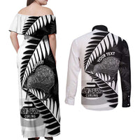 New Zealand Silver Fern Curling Personalised Couples Matching Off Shoulder Maxi Dress and Long Sleeve Button Shirt Aotearoa Kiwi Ponga Black White Version LT14 - Polynesian Pride