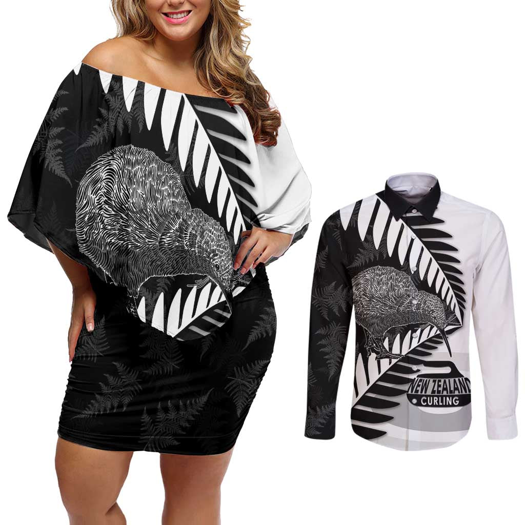 New Zealand Silver Fern Curling Personalised Couples Matching Off Shoulder Short Dress and Long Sleeve Button Shirt Aotearoa Kiwi Ponga Black White Version LT14 Black - Polynesian Pride