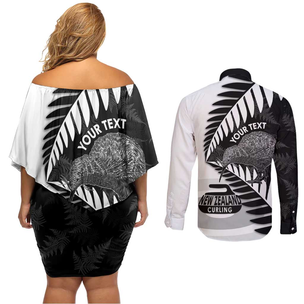 New Zealand Silver Fern Curling Personalised Couples Matching Off Shoulder Short Dress and Long Sleeve Button Shirt Aotearoa Kiwi Ponga Black White Version LT14 - Polynesian Pride