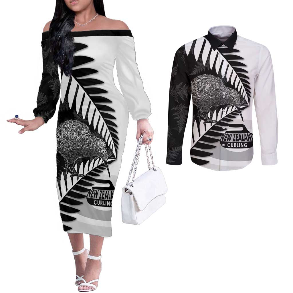 New Zealand Silver Fern Curling Personalised Couples Matching Off The Shoulder Long Sleeve Dress and Long Sleeve Button Shirt Aotearoa Kiwi Ponga Black White Version LT14 Black - Polynesian Pride