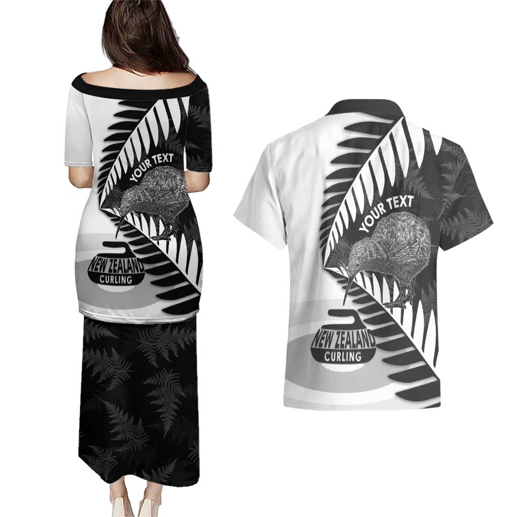 New Zealand Silver Fern Curling Personalised Couples Matching Puletasi and Hawaiian Shirt Aotearoa Kiwi Ponga Black White Version LT14 - Polynesian Pride