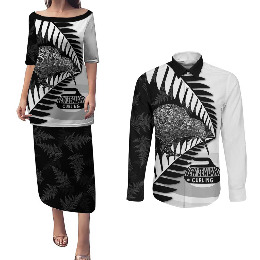 New Zealand Silver Fern Curling Personalised Couples Matching Puletasi and Long Sleeve Button Shirt Aotearoa Kiwi Ponga Black White Version LT14 Black - Polynesian Pride