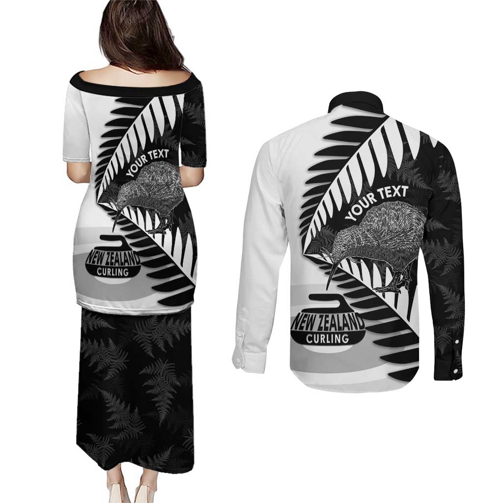 New Zealand Silver Fern Curling Personalised Couples Matching Puletasi and Long Sleeve Button Shirt Aotearoa Kiwi Ponga Black White Version LT14 - Polynesian Pride