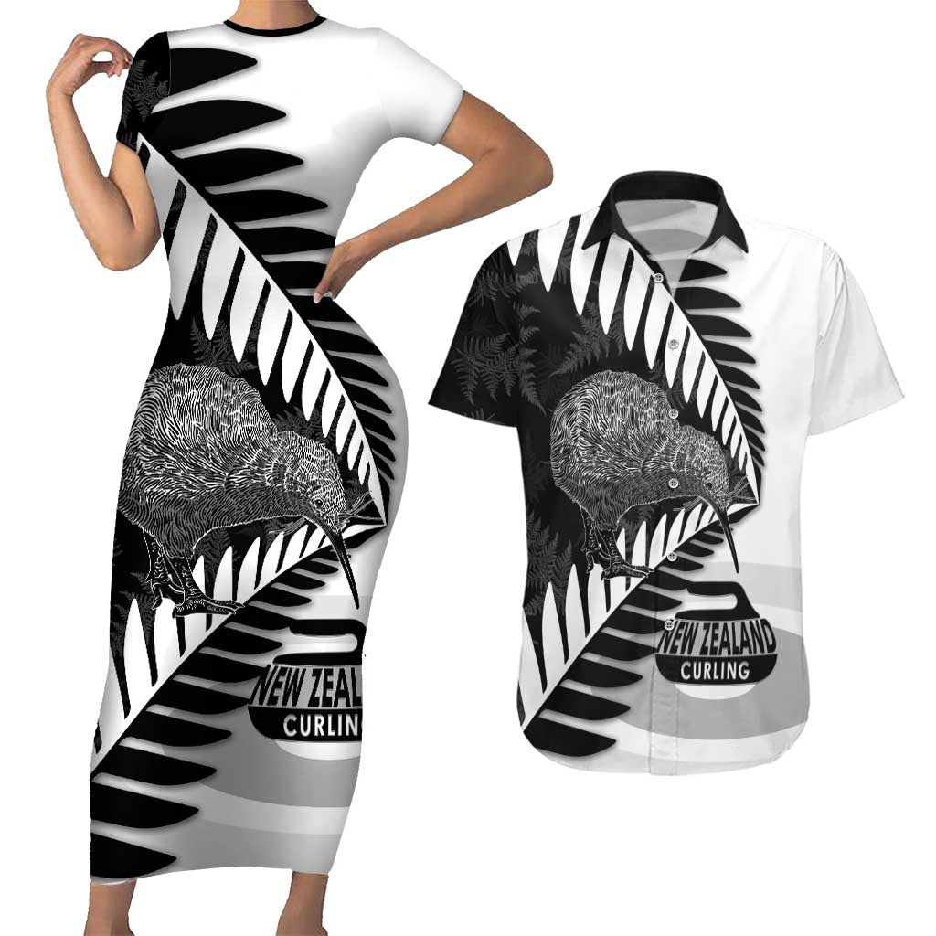 New Zealand Silver Fern Curling Personalised Couples Matching Short Sleeve Bodycon Dress and Hawaiian Shirt Aotearoa Kiwi Ponga Black White Version LT14 Black - Polynesian Pride
