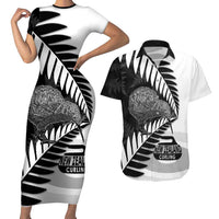 New Zealand Silver Fern Curling Personalised Couples Matching Short Sleeve Bodycon Dress and Hawaiian Shirt Aotearoa Kiwi Ponga Black White Version LT14 Black - Polynesian Pride