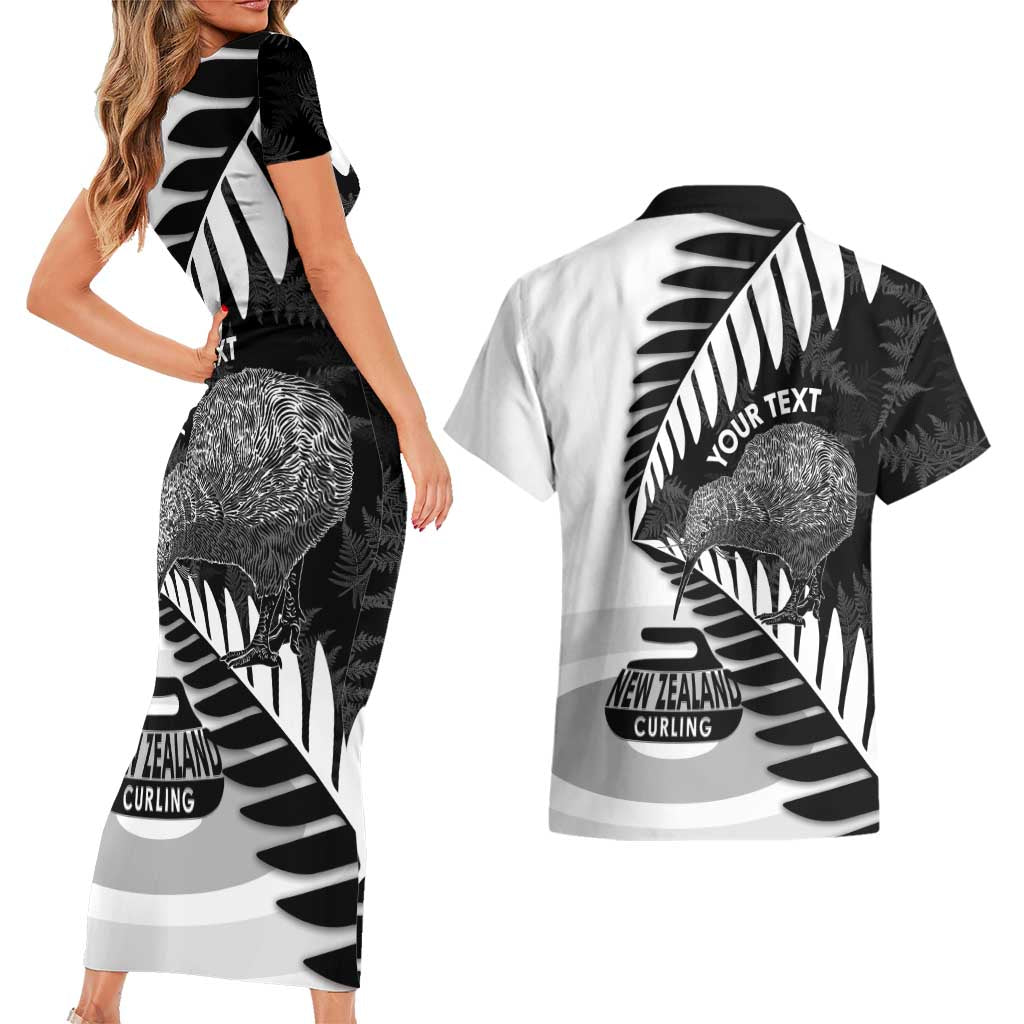 New Zealand Silver Fern Curling Personalised Couples Matching Short Sleeve Bodycon Dress and Hawaiian Shirt Aotearoa Kiwi Ponga Black White Version LT14 - Polynesian Pride
