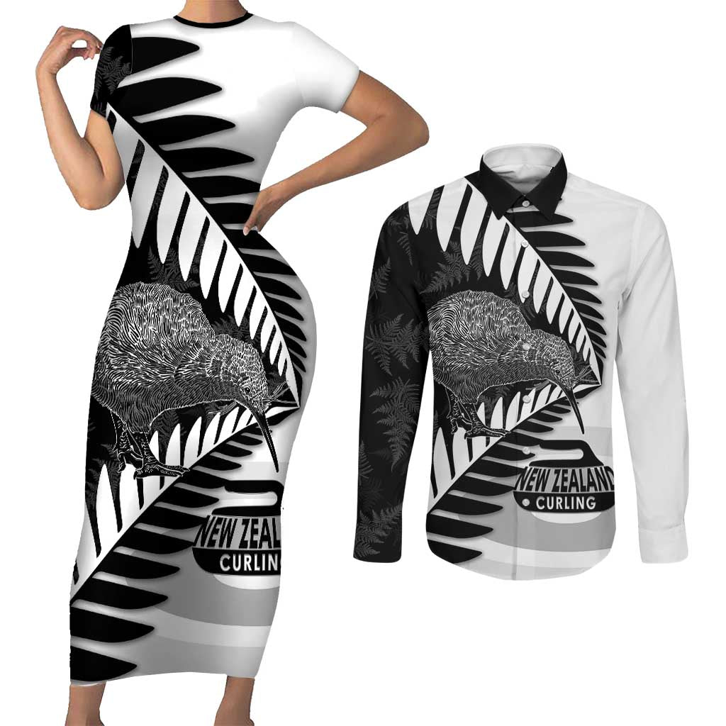 New Zealand Silver Fern Curling Personalised Couples Matching Short Sleeve Bodycon Dress and Long Sleeve Button Shirt Aotearoa Kiwi Ponga Black White Version LT14 Black - Polynesian Pride