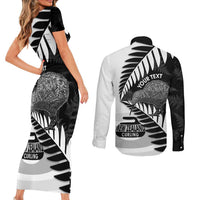 New Zealand Silver Fern Curling Personalised Couples Matching Short Sleeve Bodycon Dress and Long Sleeve Button Shirt Aotearoa Kiwi Ponga Black White Version LT14 - Polynesian Pride