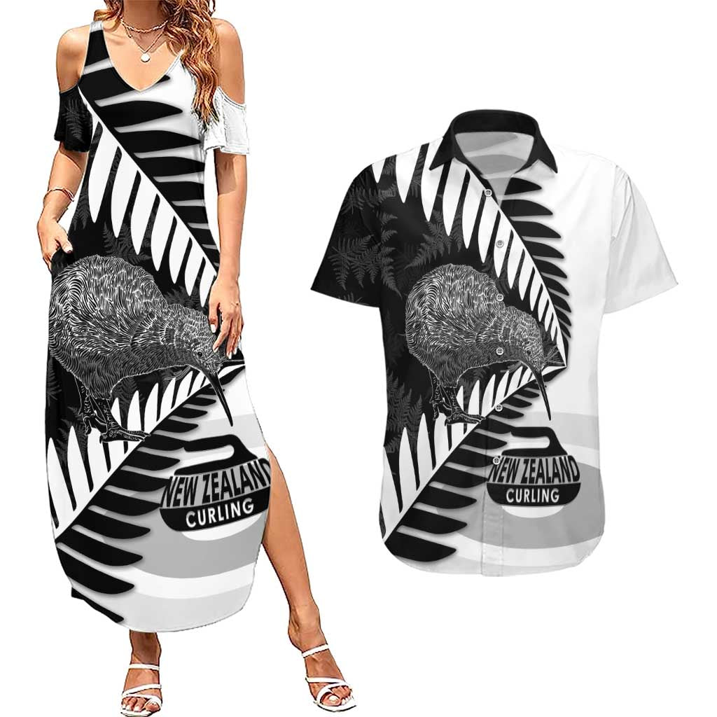 New Zealand Silver Fern Curling Personalised Couples Matching Summer Maxi Dress and Hawaiian Shirt Aotearoa Kiwi Ponga Black White Version LT14 Black - Polynesian Pride