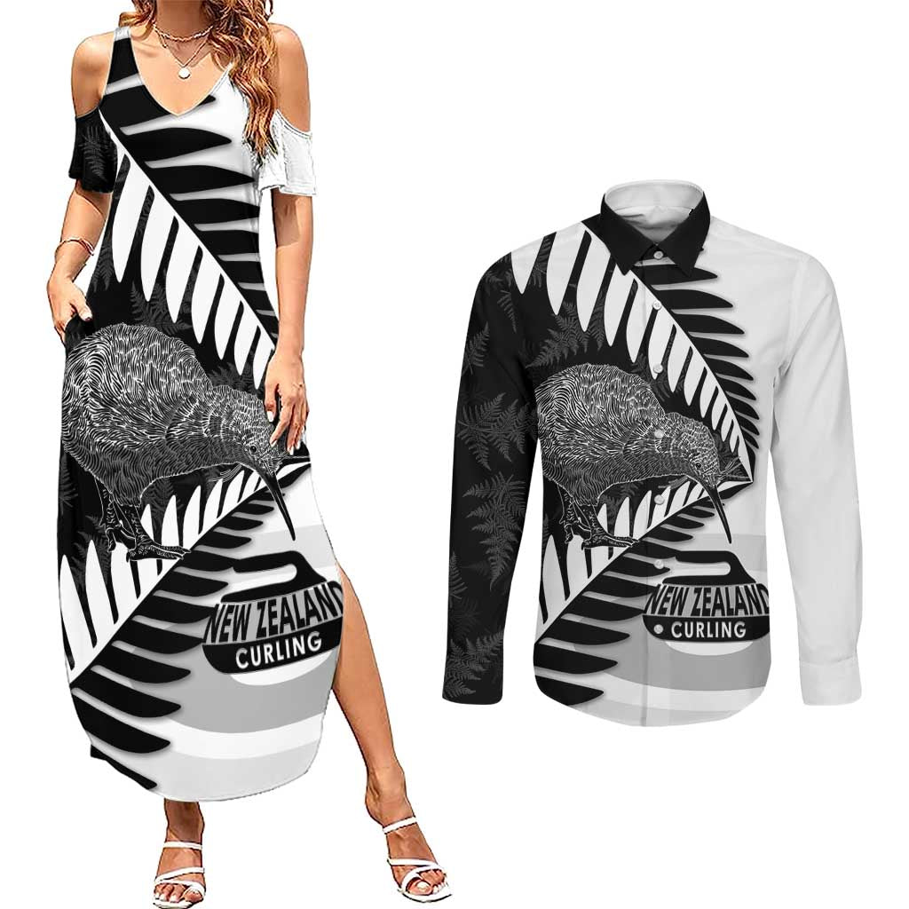 New Zealand Silver Fern Curling Personalised Couples Matching Summer Maxi Dress and Long Sleeve Button Shirt Aotearoa Kiwi Ponga Black White Version LT14 Black - Polynesian Pride