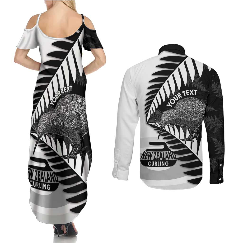 New Zealand Silver Fern Curling Personalised Couples Matching Summer Maxi Dress and Long Sleeve Button Shirt Aotearoa Kiwi Ponga Black White Version LT14 - Polynesian Pride