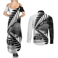 New Zealand Silver Fern Curling Personalised Couples Matching Summer Maxi Dress and Long Sleeve Button Shirt Aotearoa Kiwi Ponga Black White Version LT14 - Polynesian Pride