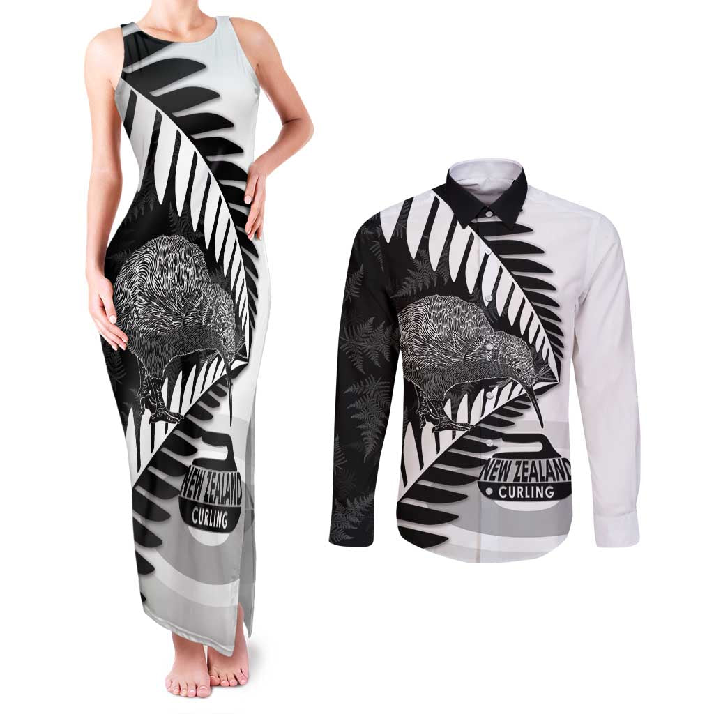 New Zealand Silver Fern Curling Personalised Couples Matching Tank Maxi Dress and Long Sleeve Button Shirt Aotearoa Kiwi Ponga Black White Version LT14 Black - Polynesian Pride