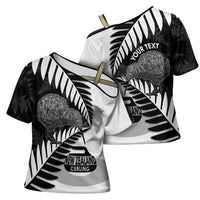 New Zealand Silver Fern Curling Personalised Cross Shoulder Shirt Aotearoa Kiwi Ponga Black White Version - Polynesian Pride