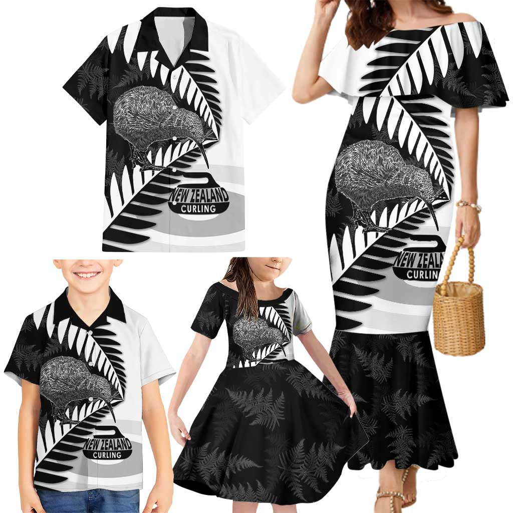 New Zealand Silver Fern Curling Personalised Family Matching Mermaid Dress and Hawaiian Shirt Aotearoa Kiwi Ponga Black White Version LT14 - Polynesian Pride