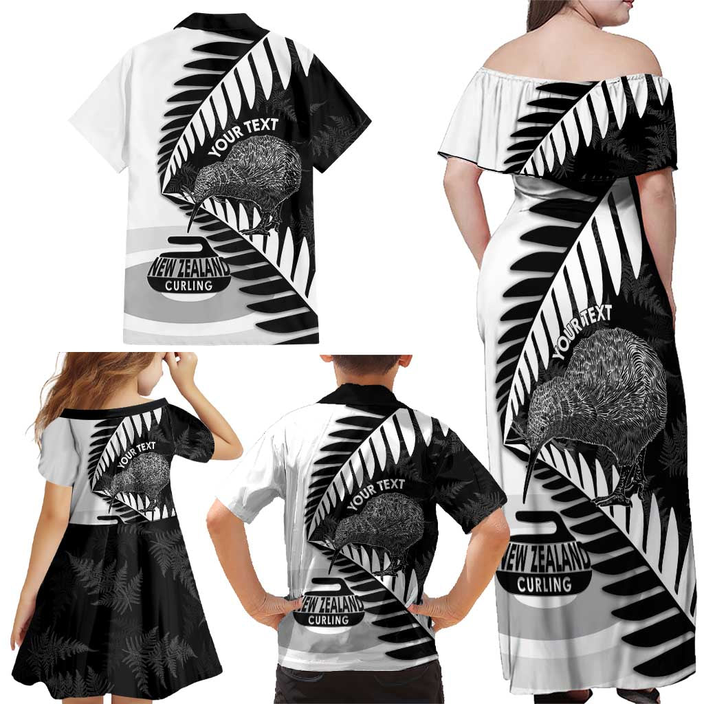 New Zealand Silver Fern Curling Personalised Family Matching Off Shoulder Maxi Dress and Hawaiian Shirt Aotearoa Kiwi Ponga Black White Version LT14 - Polynesian Pride