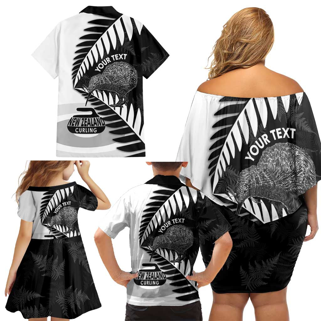 New Zealand Silver Fern Curling Personalised Family Matching Off Shoulder Short Dress and Hawaiian Shirt Aotearoa Kiwi Ponga Black White Version LT14 - Polynesian Pride