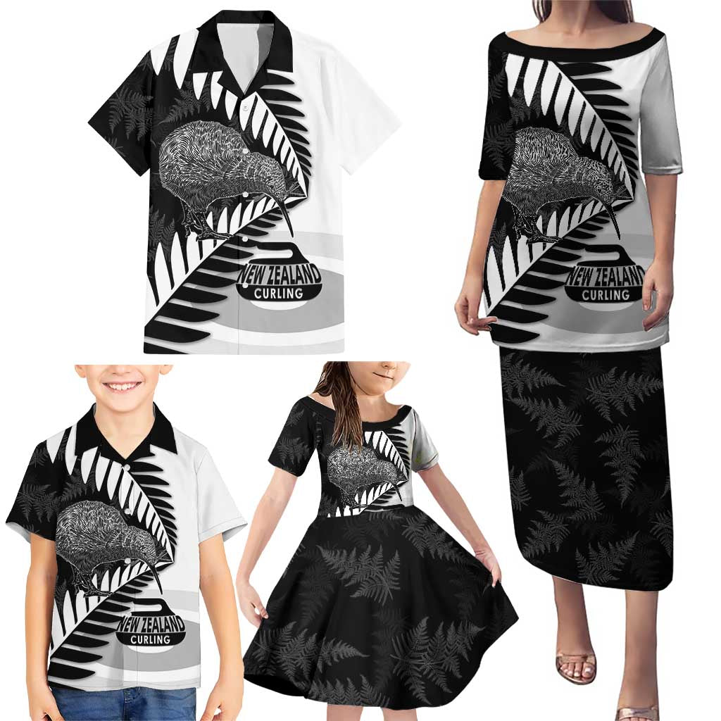 New Zealand Silver Fern Curling Personalised Family Matching Puletasi and Hawaiian Shirt Aotearoa Kiwi Ponga Black White Version - Polynesian Pride
