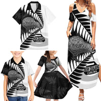 New Zealand Silver Fern Curling Personalised Family Matching Summer Maxi Dress and Hawaiian Shirt Aotearoa Kiwi Ponga Black White Version LT14 - Polynesian Pride