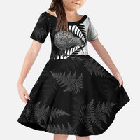 New Zealand Silver Fern Curling Personalised Family Matching Tank Maxi Dress and Hawaiian Shirt Aotearoa Kiwi Ponga Black White Version LT14 Daughter's Dress Black - Polynesian Pride