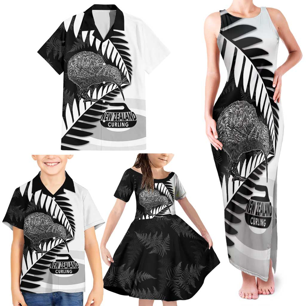 New Zealand Silver Fern Curling Personalised Family Matching Tank Maxi Dress and Hawaiian Shirt Aotearoa Kiwi Ponga Black White Version LT14 - Polynesian Pride