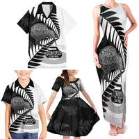 New Zealand Silver Fern Curling Personalised Family Matching Tank Maxi Dress and Hawaiian Shirt Aotearoa Kiwi Ponga Black White Version LT14 - Polynesian Pride