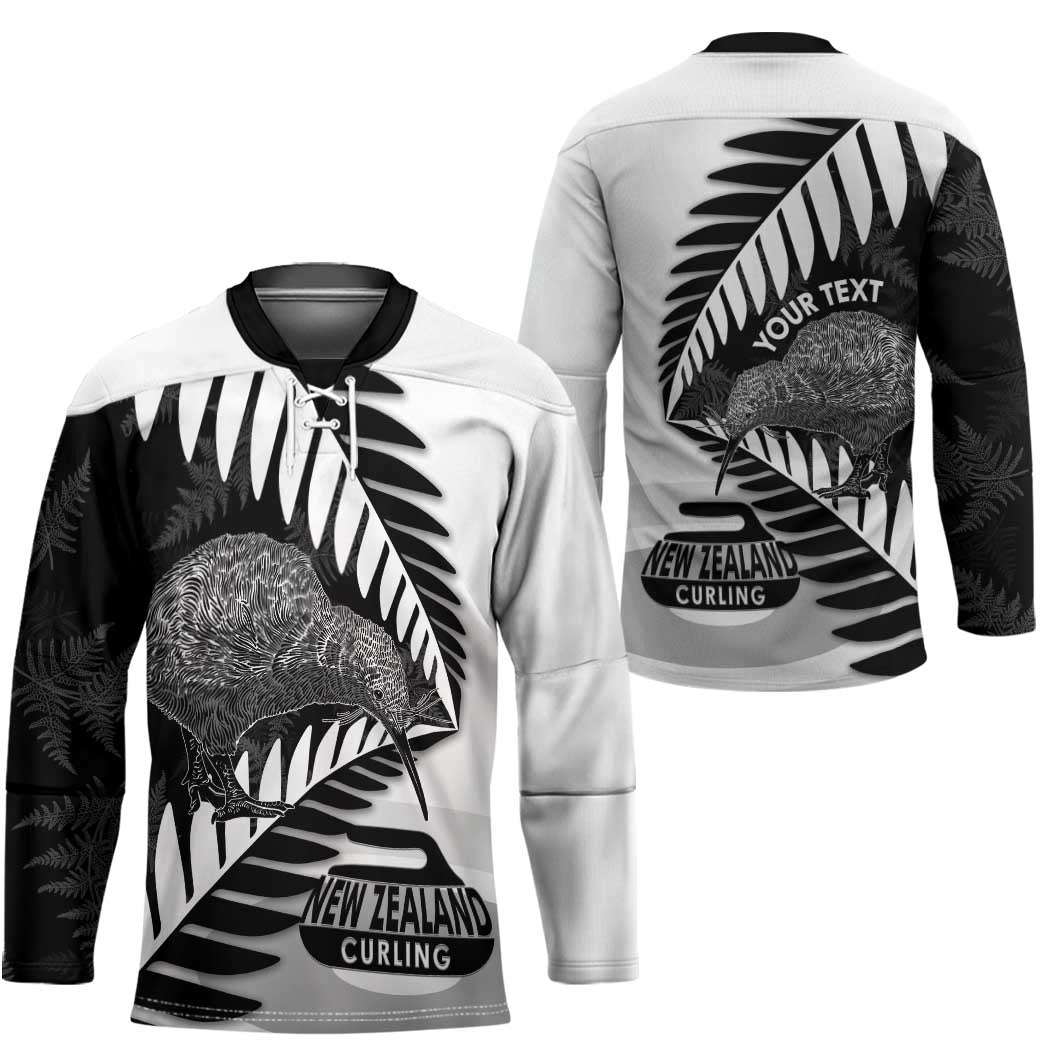 New Zealand Silver Fern Curling Personalised Hockey Jersey Aotearoa Kiwi Ponga Black White Version LT14 - Polynesian Pride