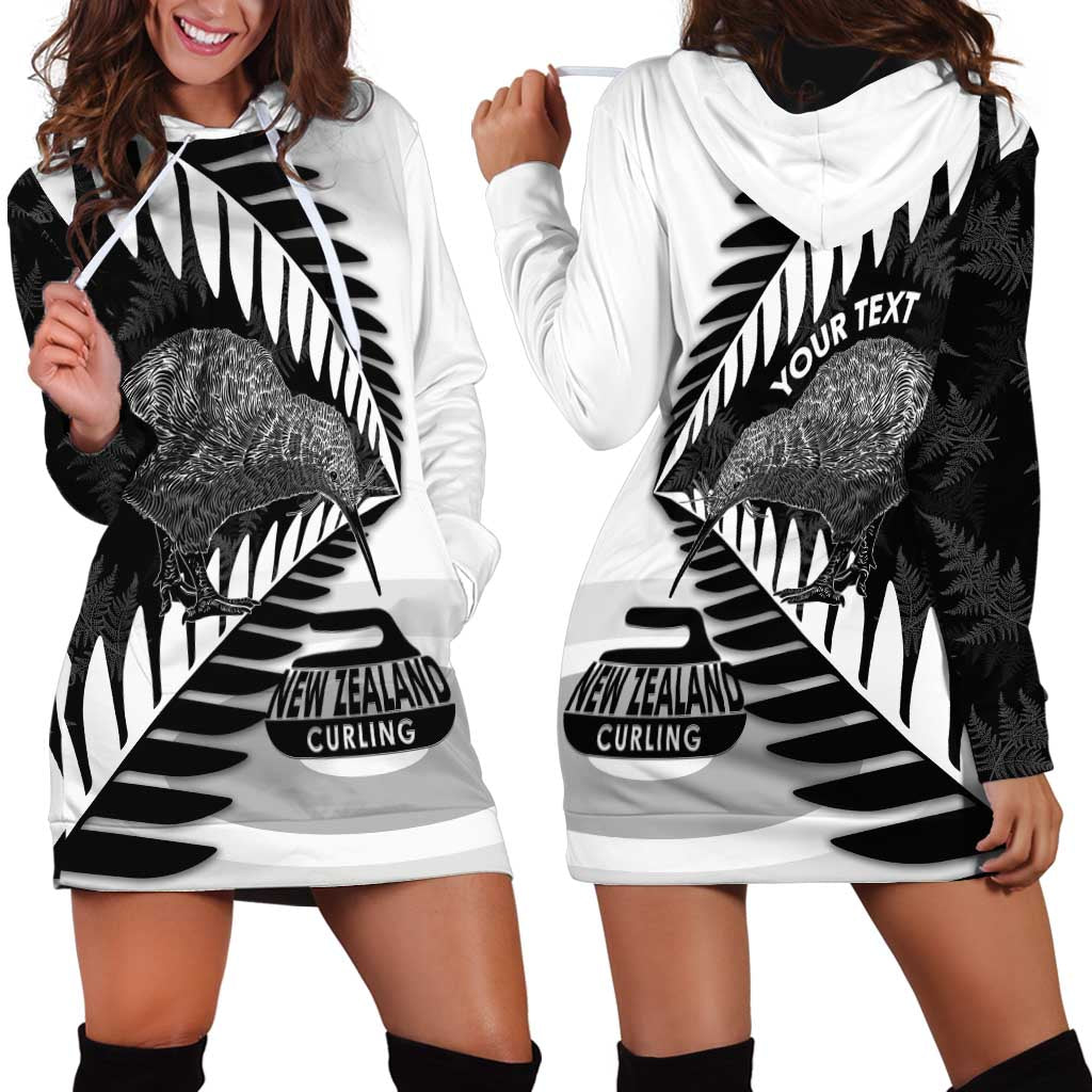 New Zealand Silver Fern Curling Personalised Hoodie Dress Aotearoa Kiwi Ponga Black White Version LT14 - Polynesian Pride