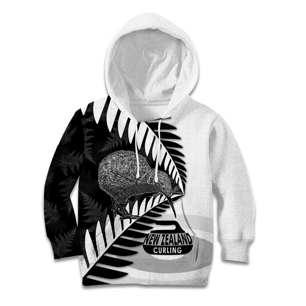 New Zealand Silver Fern Curling Personalised Kid Hoodie Aotearoa Kiwi Ponga Black White Version - Polynesian Pride
