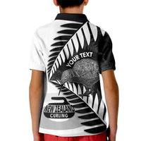 New Zealand Silver Fern Curling Personalised Kid Polo Shirt Aotearoa Kiwi Ponga Black White Version LT14 - Polynesian Pride