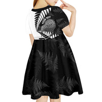 New Zealand Silver Fern Curling Personalised Kid Short Sleeve Dress Aotearoa Kiwi Ponga Black White Version LT14 - Polynesian Pride