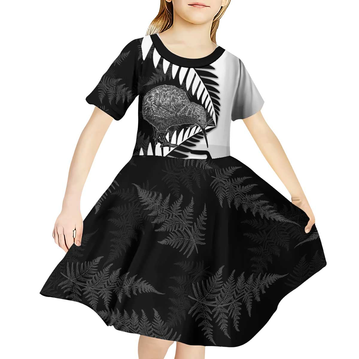 New Zealand Silver Fern Curling Personalised Kid Short Sleeve Dress Aotearoa Kiwi Ponga Black White Version LT14 - Polynesian Pride
